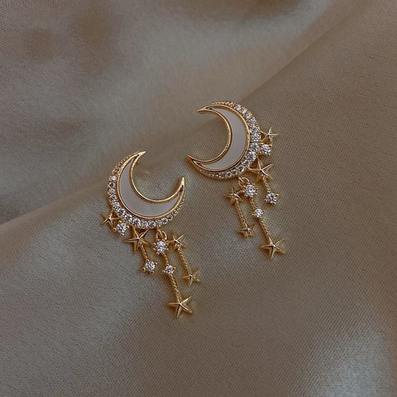 Gold Moon + Star Crystal Tassel Stud Earrings - Picture 2 of 4